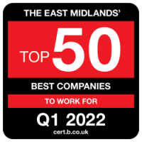 Certificate logo - Top 50 Best Companies to work for in East Midlands - Quarter 1 2022