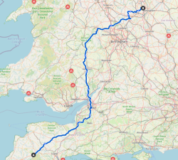 Map of the UK with route highlighted from Devon to Derbyshire