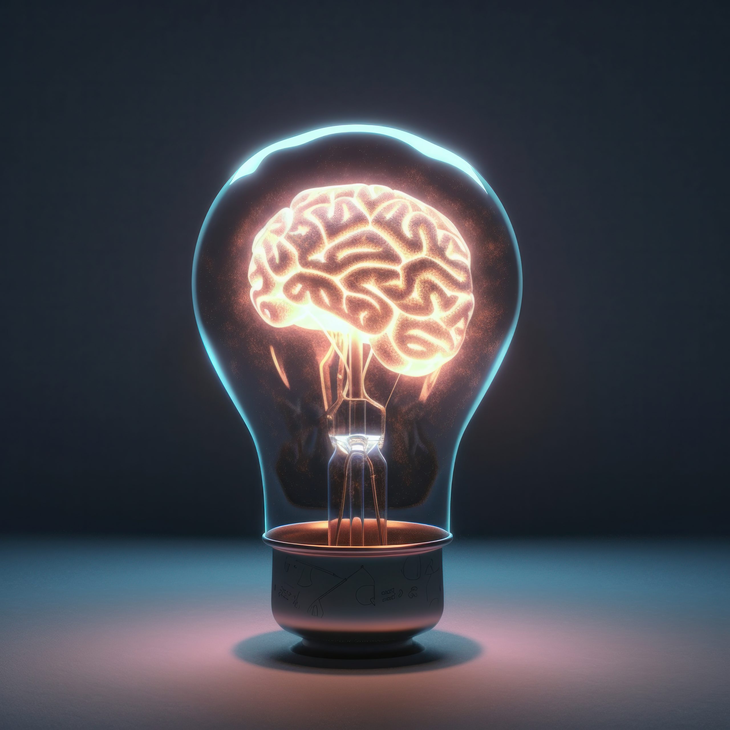 A light bulb with a glowing brain inside is a powerful visual representation