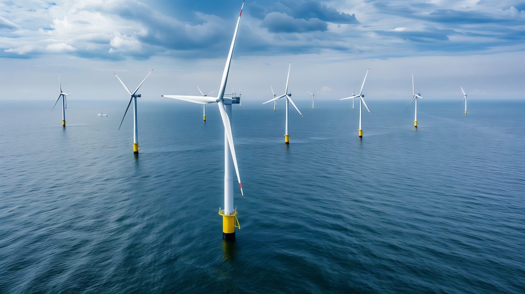 A picturesque offshore zone boasts floating wind turbines, merging renewable energy with marine conservation.