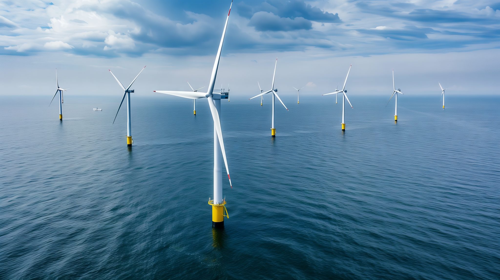 A picturesque offshore zone boasts floating wind turbines, merging renewable energy with marine conservation.
