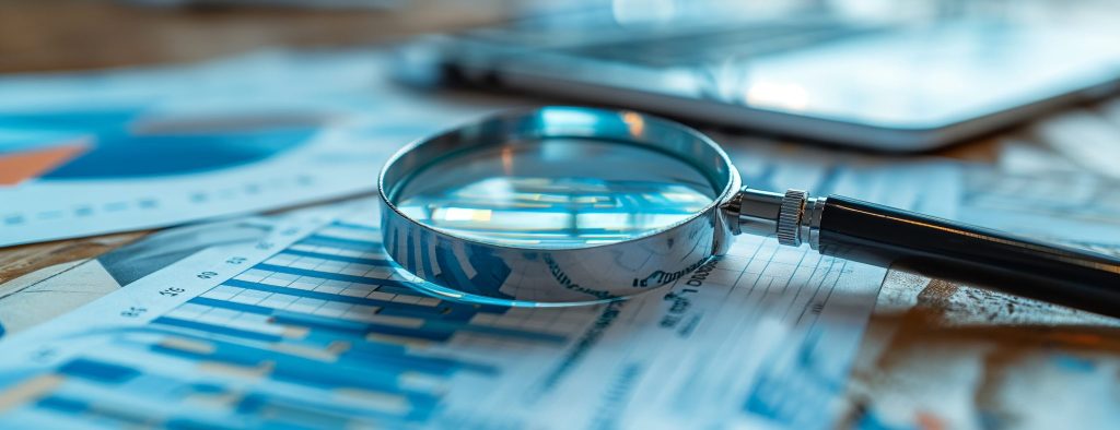 magnifying glass lies on the table for Analytical research