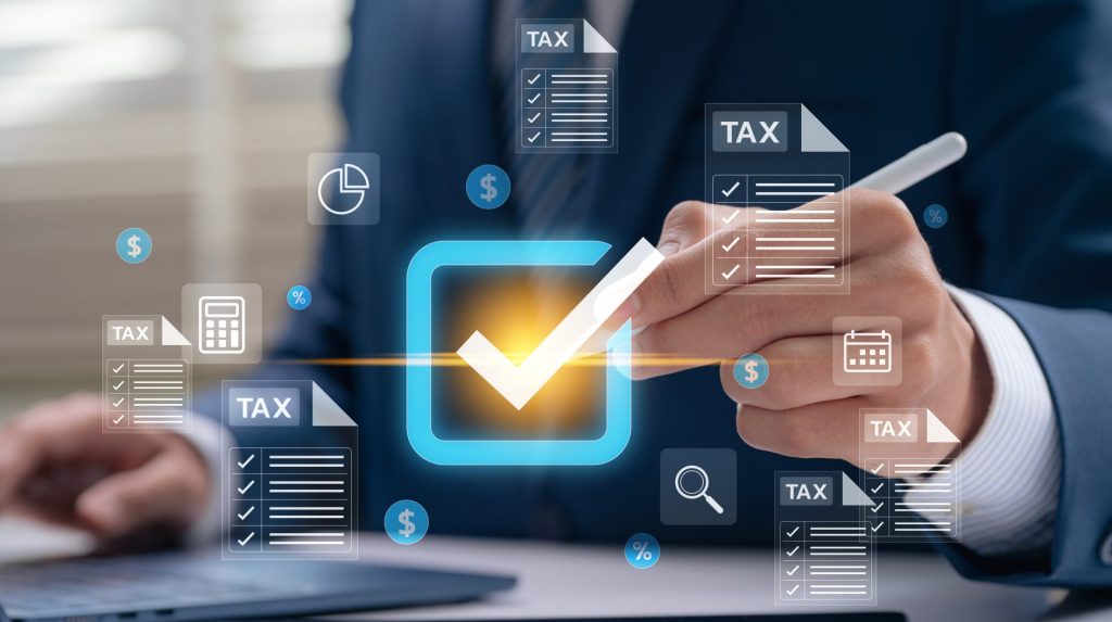 businessman approving tax checklist on digital screen
